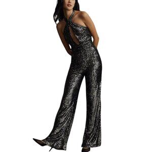 Anthropologie Maeve Sequin Halter Jumpsuit Black & Silver Wide Leg, Size 8, NWT